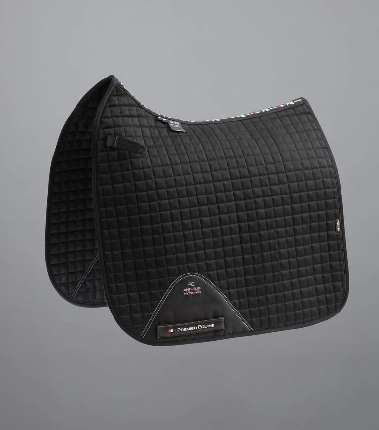 Premier Equine Close Contact Cotton Dressage Saddle Pad. Includes single embroidery on both sides.