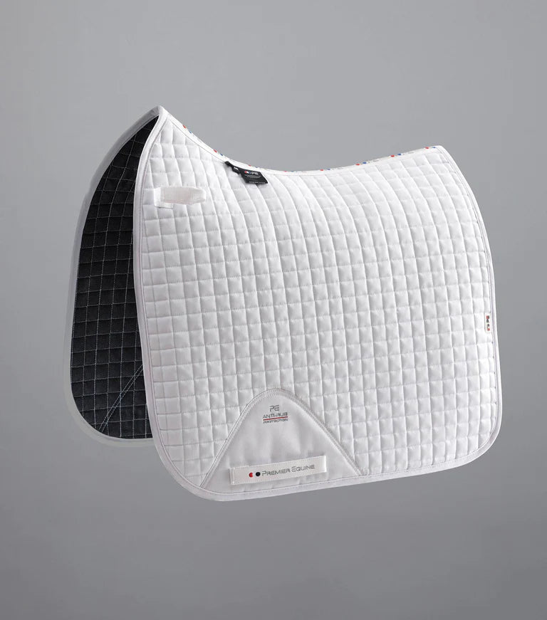 Premier Equine Close Contact Cotton Dressage Saddle Pad. Includes single embroidery on both sides.