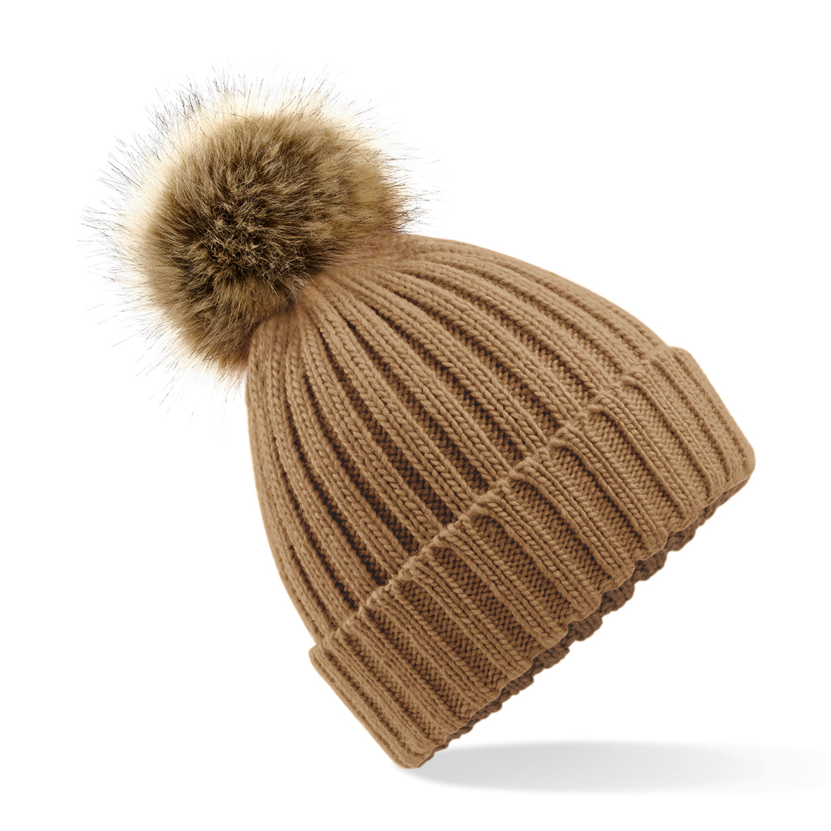 BC412 Fur Pop Pom Chunky Beanie with Front Logo