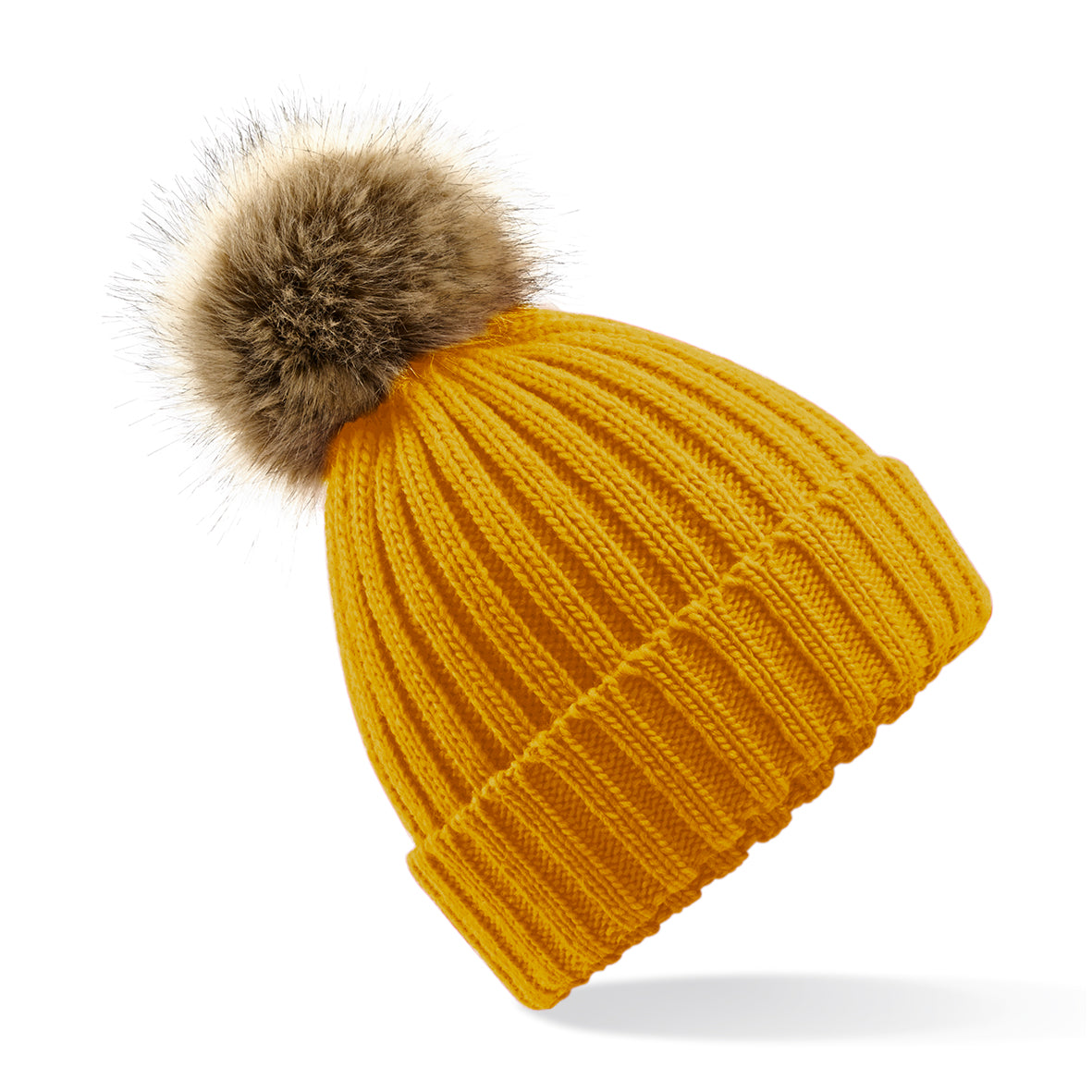 BC412 Fur Pop Pom Chunky Beanie with Front Logo