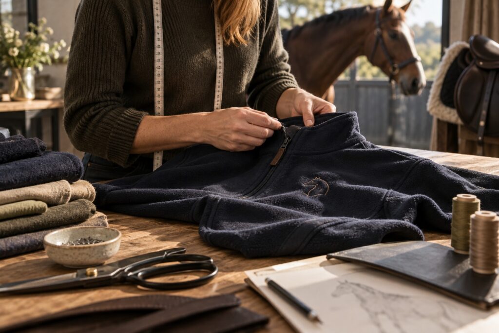 Tailor’s hands beside a restrained stitched monogram on an equestrian fleece laid flat on a cutting table.