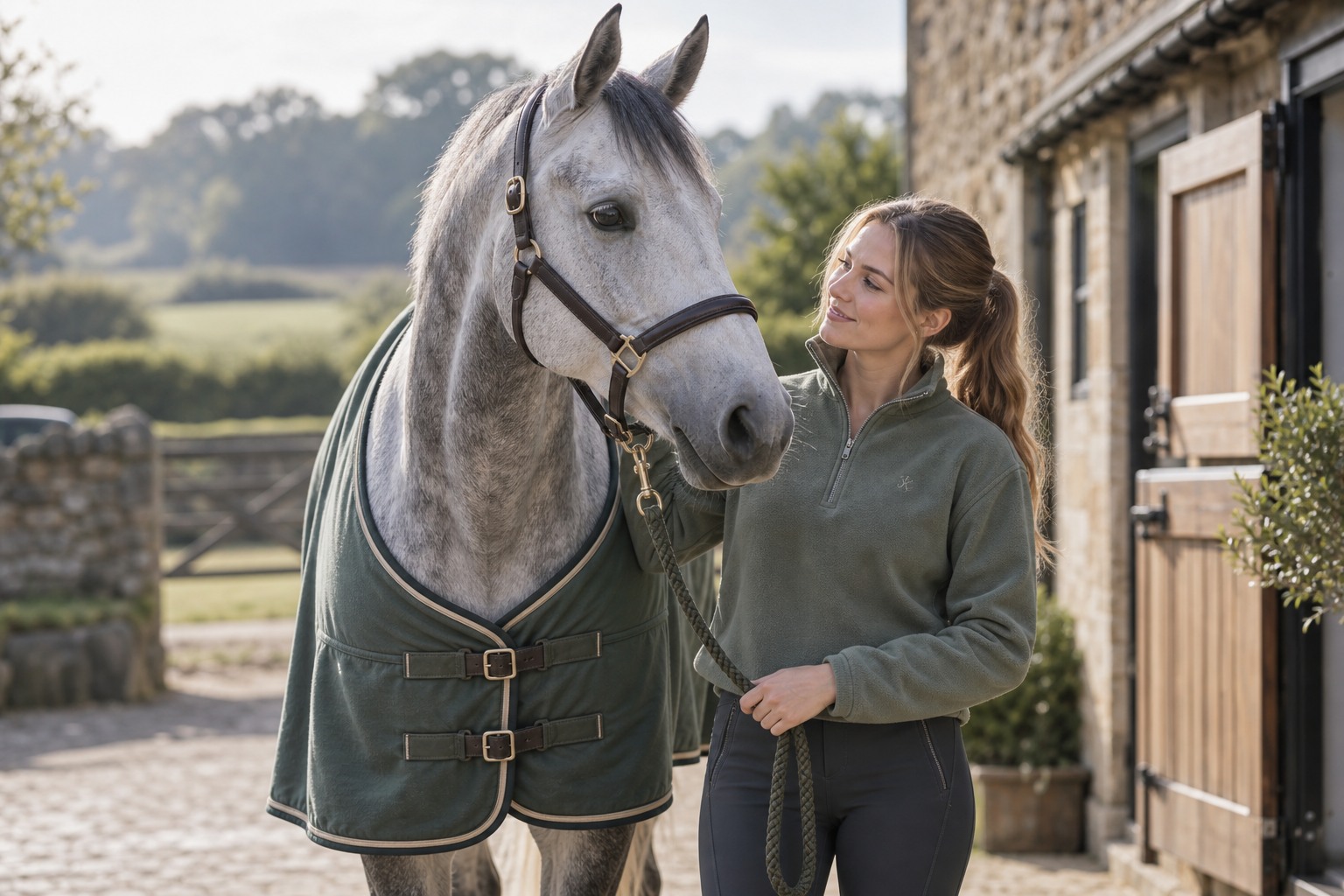 A female adult rider in a muted sage riding fleece with discreet chest monogram holding a correctly fitted halter lead beside a grey horse.