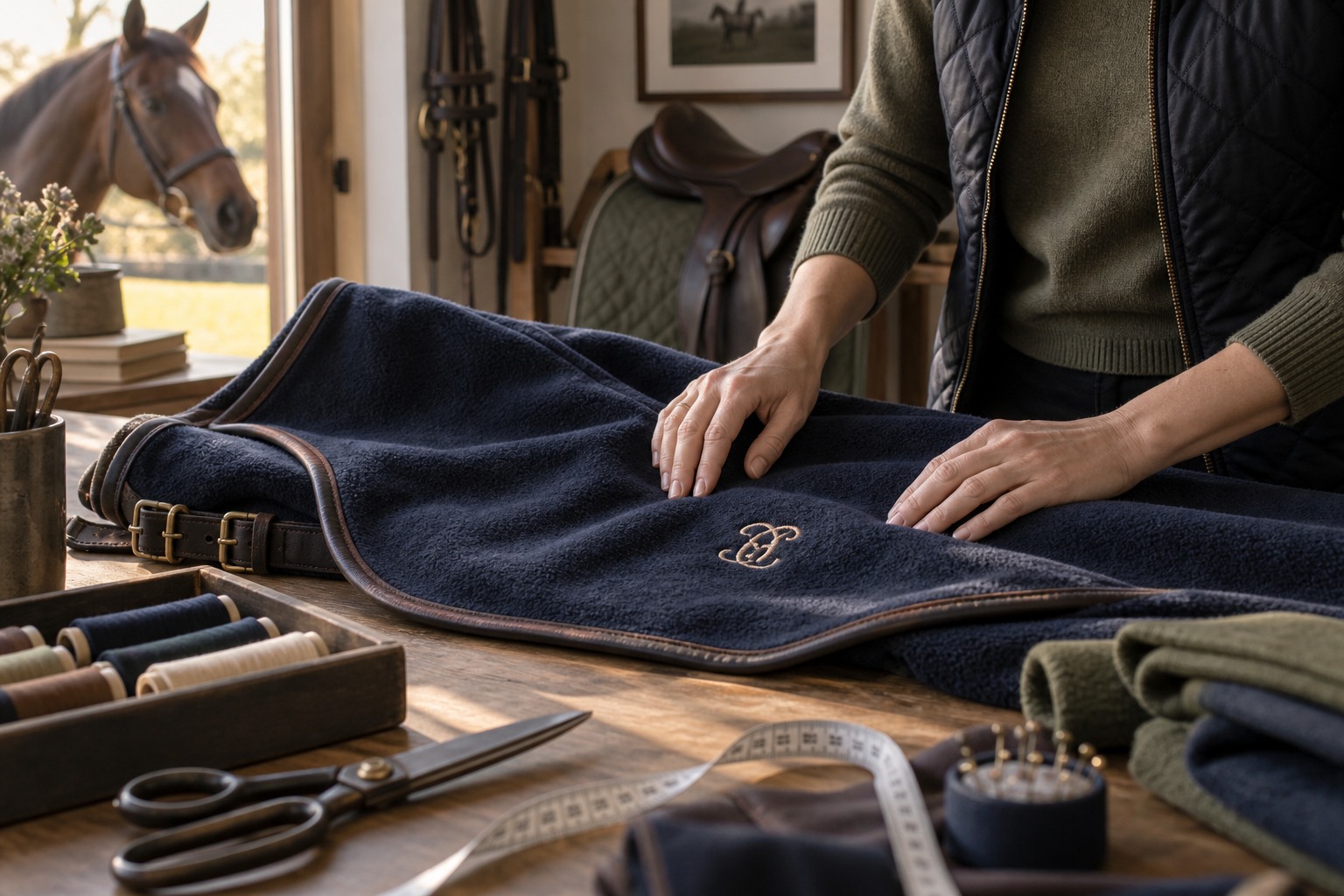 Tailor’s hands beside a restrained stitched monogram on an equestrian fleece laid flat on a cutting table.
