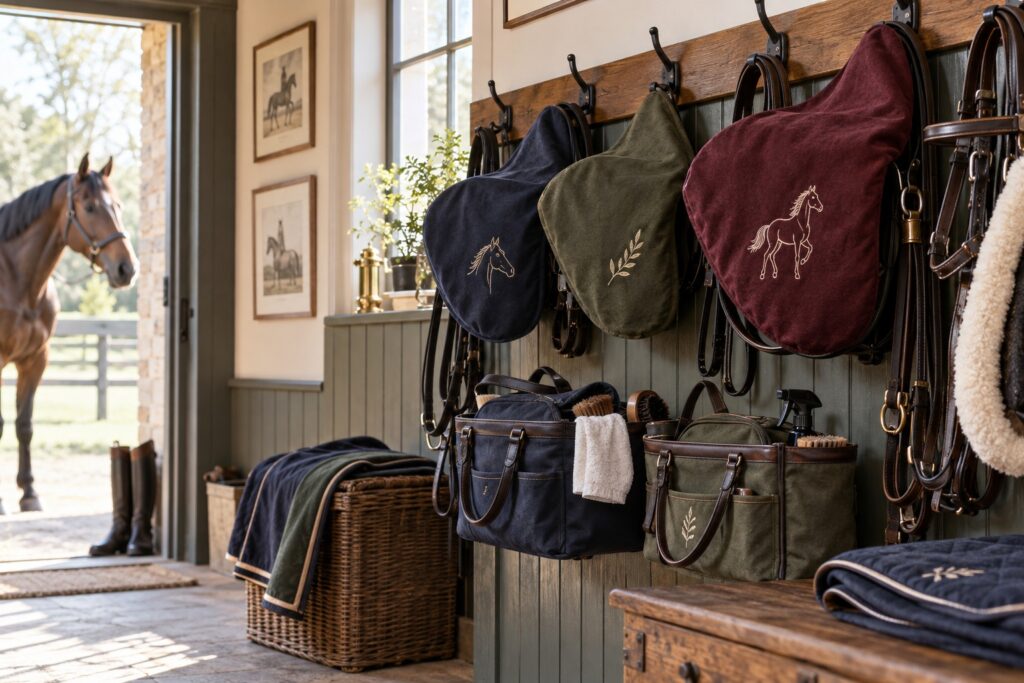 Neatly organised embroidered saddle covers and grooming bags on hooks along an English tack-room wall.