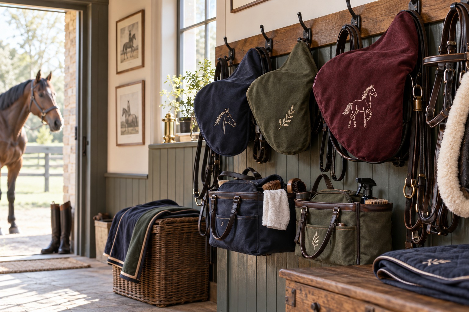 Neatly organised embroidered saddle covers and grooming bags on hooks along an English tack-room wall.