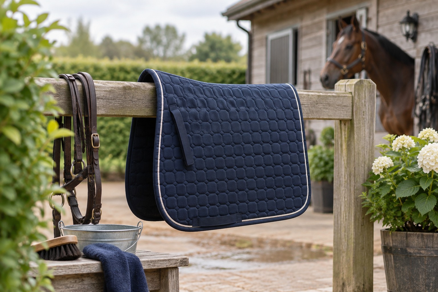 A freshly washed navy saddle pad air drying naturally on a sturdy wooden rail.