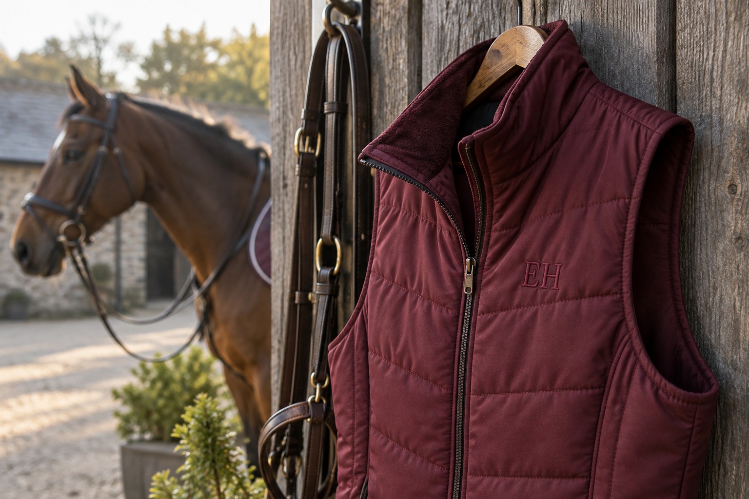 Close-up of tone-on-tone stitched initials on a burgundy riding gilet hanging against aged timber.