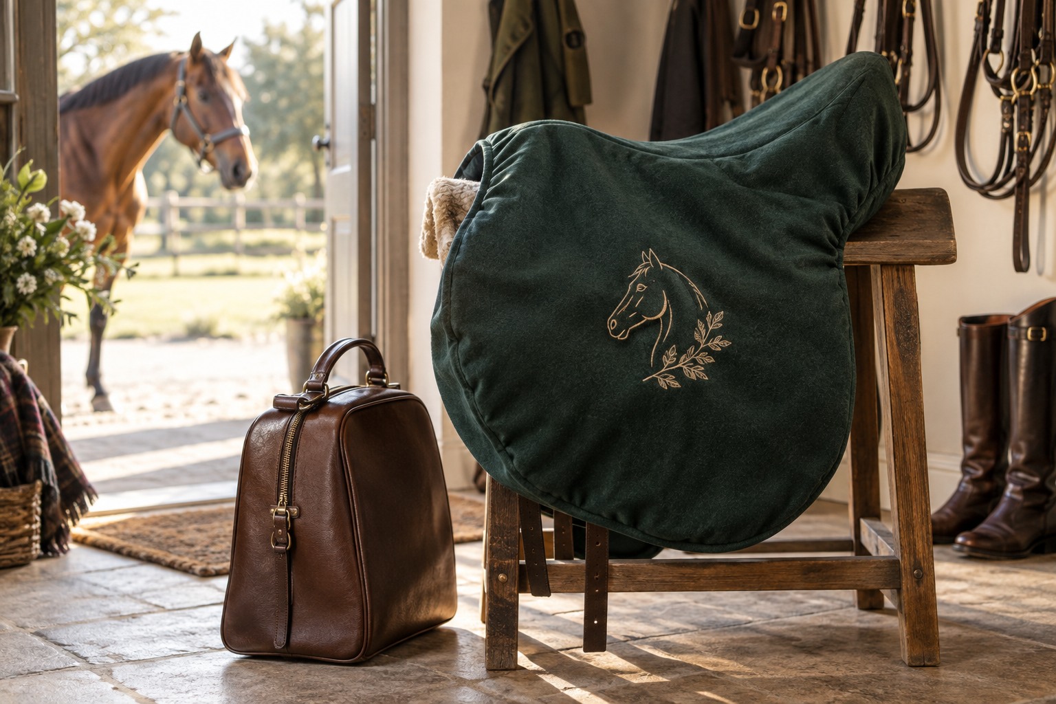 A deep green embroidered saddle cover neatly presented with a leather bridle bag in a warm country boot room.