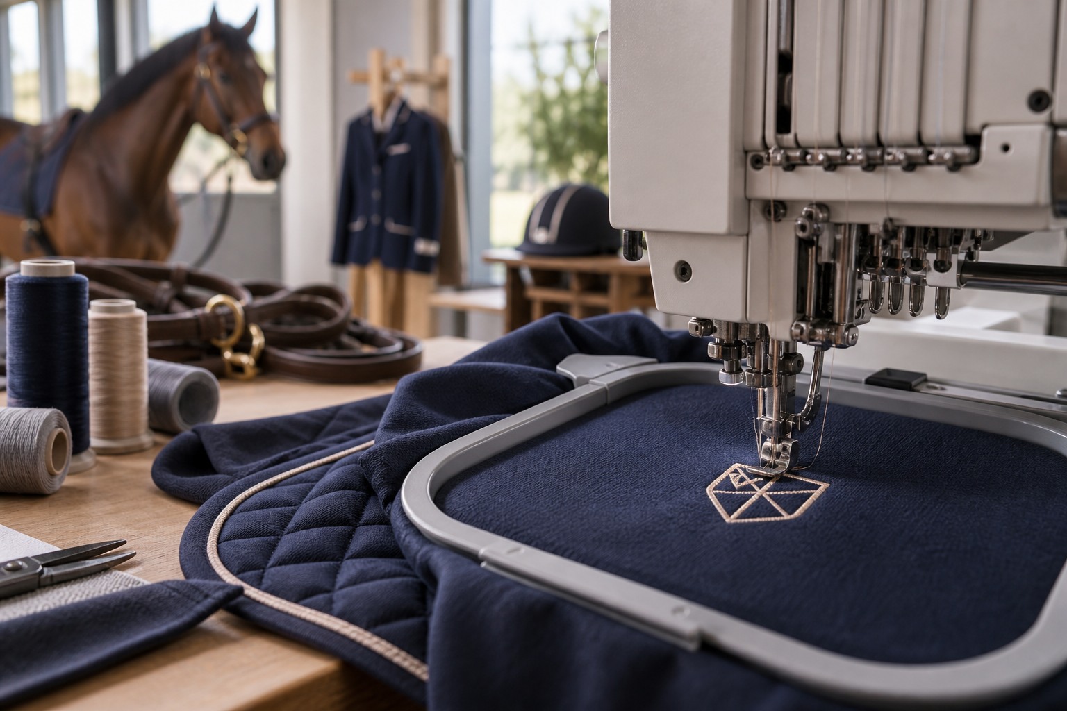 An embroidery machine needle and presser foot working a small geometric crest into navy fabric in a professional sewing workshop.