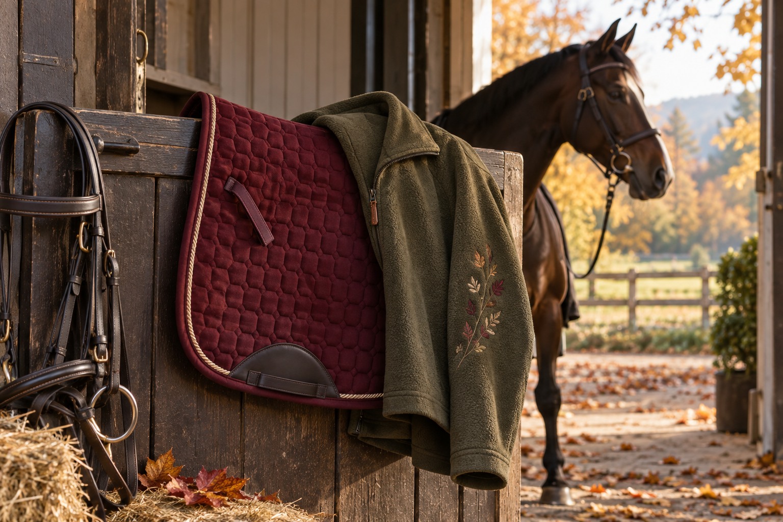 A burgundy saddle pad and dark olive riding fleece neatly arranged in an autumn stable doorway with a few fallen leaves.