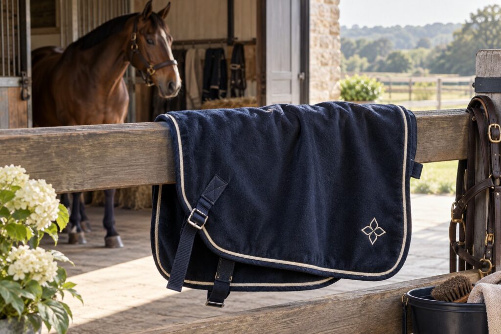 A well-fitted plain navy horse cooler with a small ivory stitched geometric emblem draped over a stable rail.