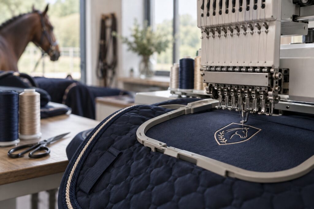 An embroidery machine needle and presser foot working a small geometric crest into navy fabric in a professional sewing workshop.