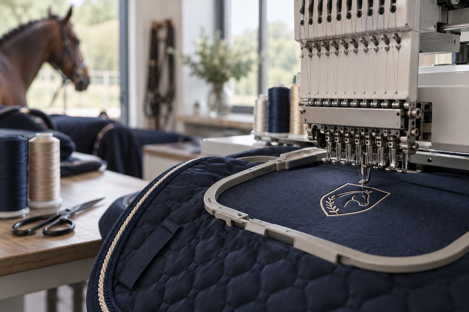 An embroidery machine needle and presser foot working a small geometric crest into navy fabric in a professional sewing workshop.