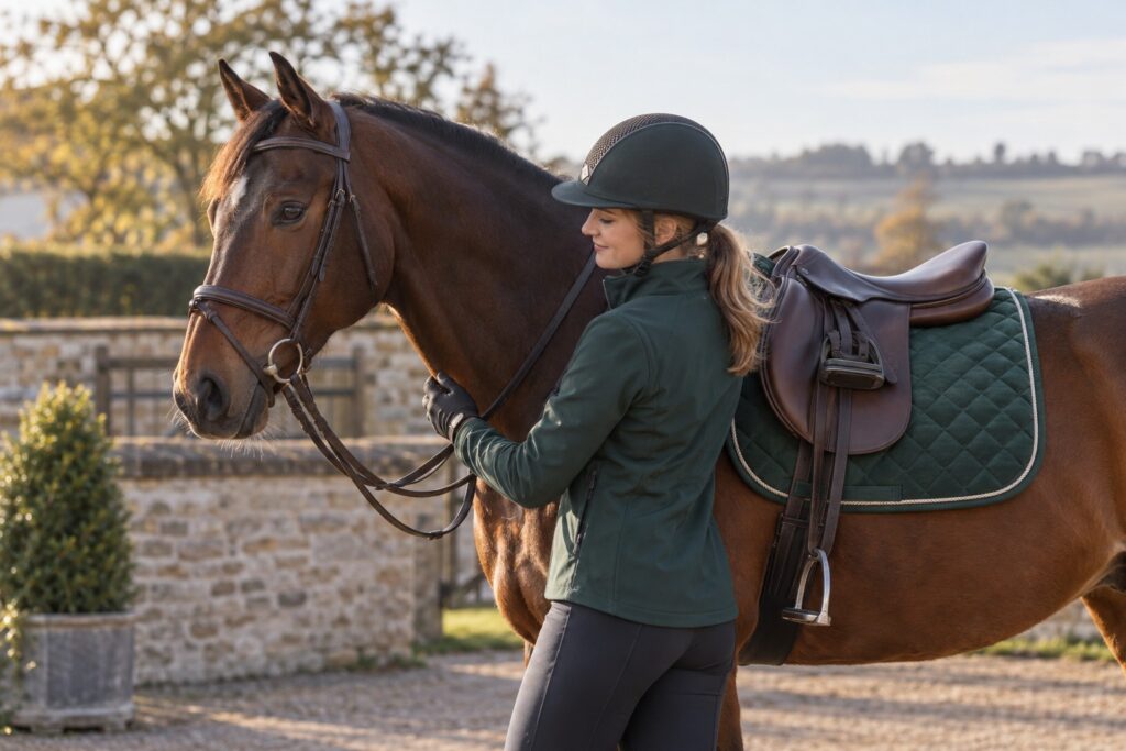 A dark green embroidered saddle pad correctly placed under a brown leather saddle on a bay horse.