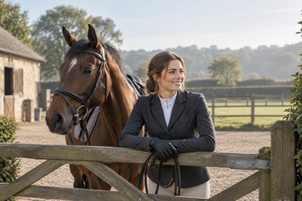 A female adult rider leaning on a paddock gate in a charcoal fitted riding jacket with small tonal stitched crest.