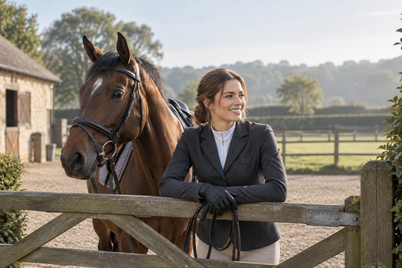 A female adult rider leaning on a paddock gate in a charcoal fitted riding jacket with small tonal stitched crest.