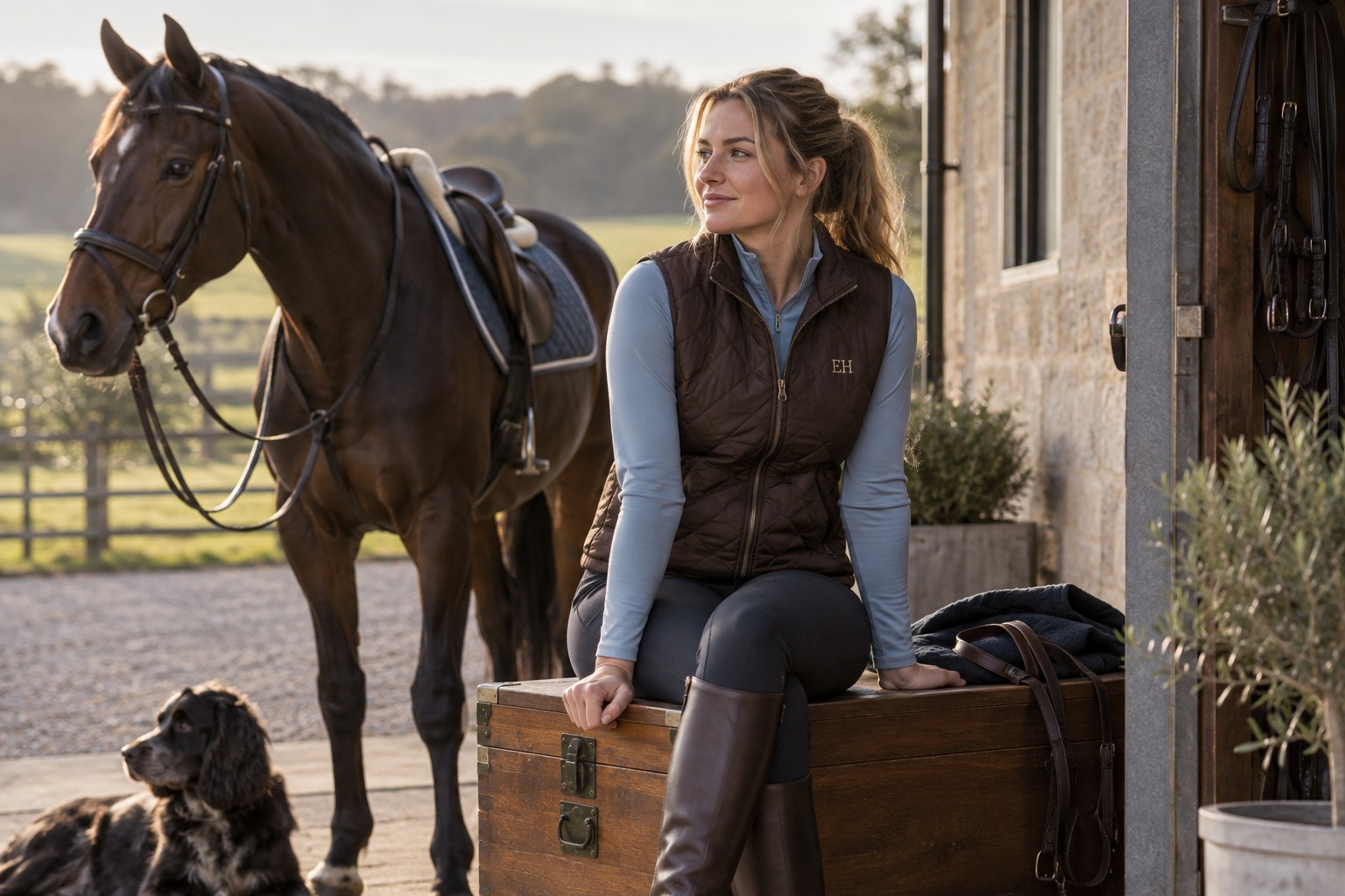 An adult rider in a dark brown quilted gilet and a soft blue base layer sitting casually on a solid wooden tack trunk.