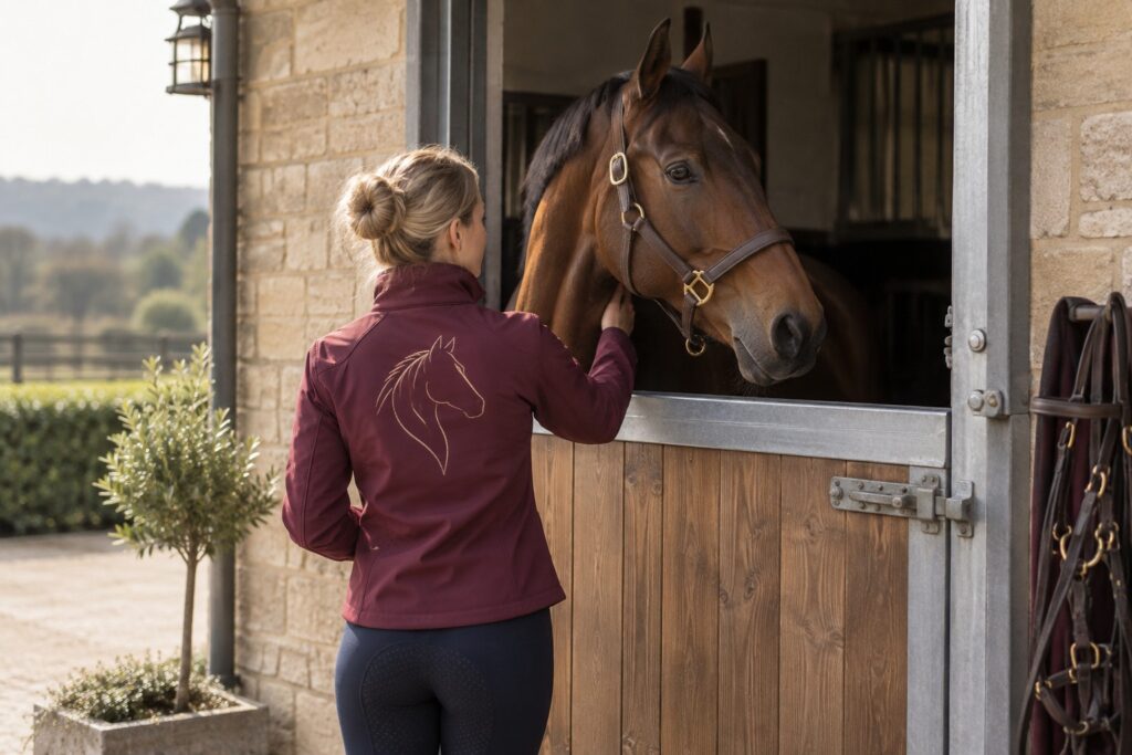 An adult equestrian in a burgundy embroidered softshell jacket.