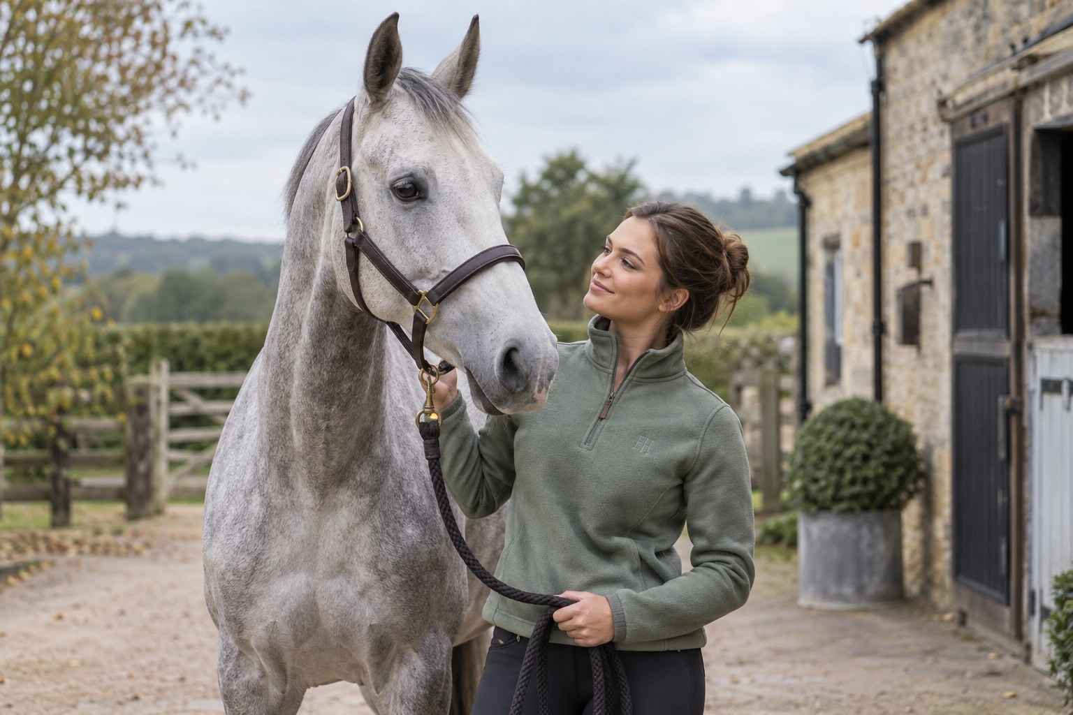 A female adult rider in a muted sage riding fleece with discreet chest monogram holding a correctly fitted halter lead beside a grey horse.