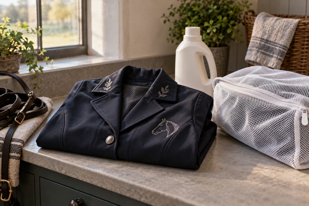 A neatly folded embroidered riding jacket beside a mesh laundry bag and an unbranded mild-detergent bottle on a utility-room counter.