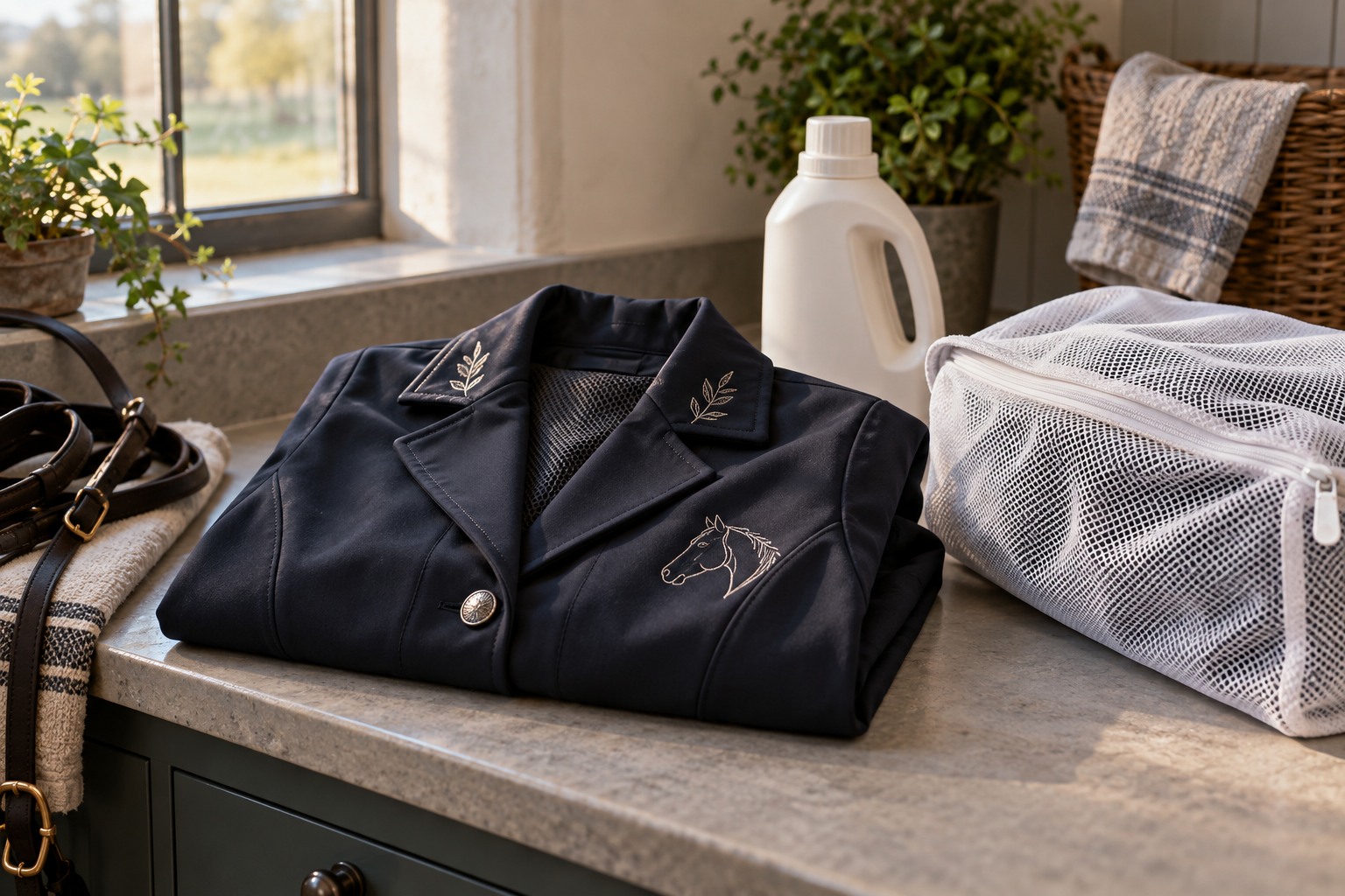 A neatly folded embroidered riding jacket beside a mesh laundry bag and an unbranded mild-detergent bottle on a utility-room counter.