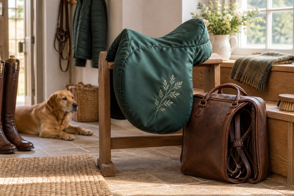 A deep green embroidered saddle cover neatly presented with a leather bridle bag in a warm country boot room.