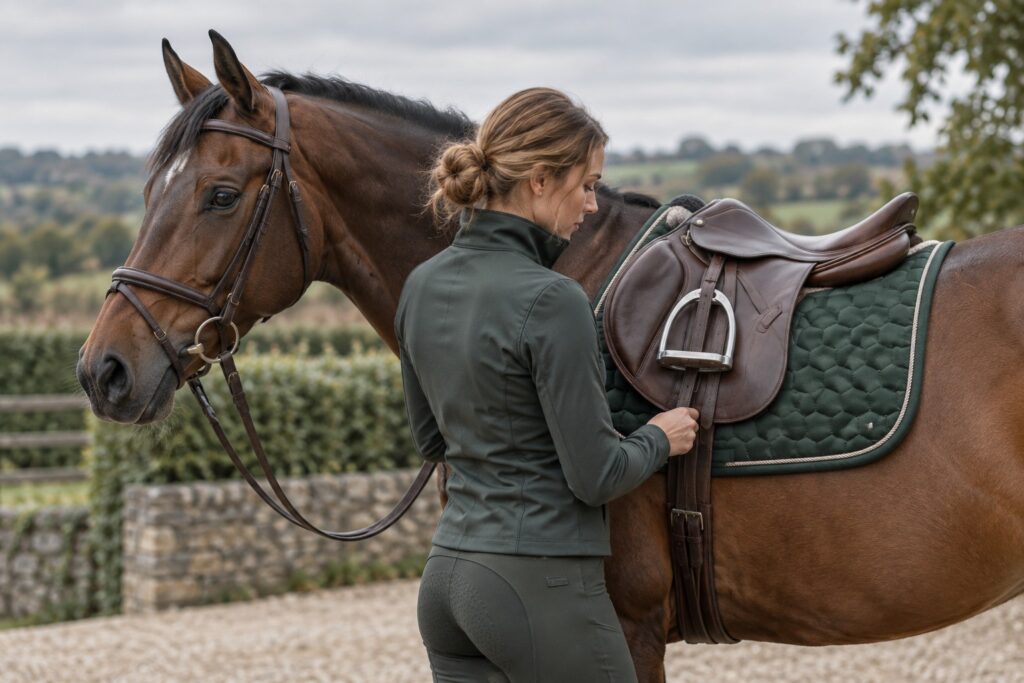 A dark green embroidered saddle pad correctly placed under a brown leather saddle on a bay horse.