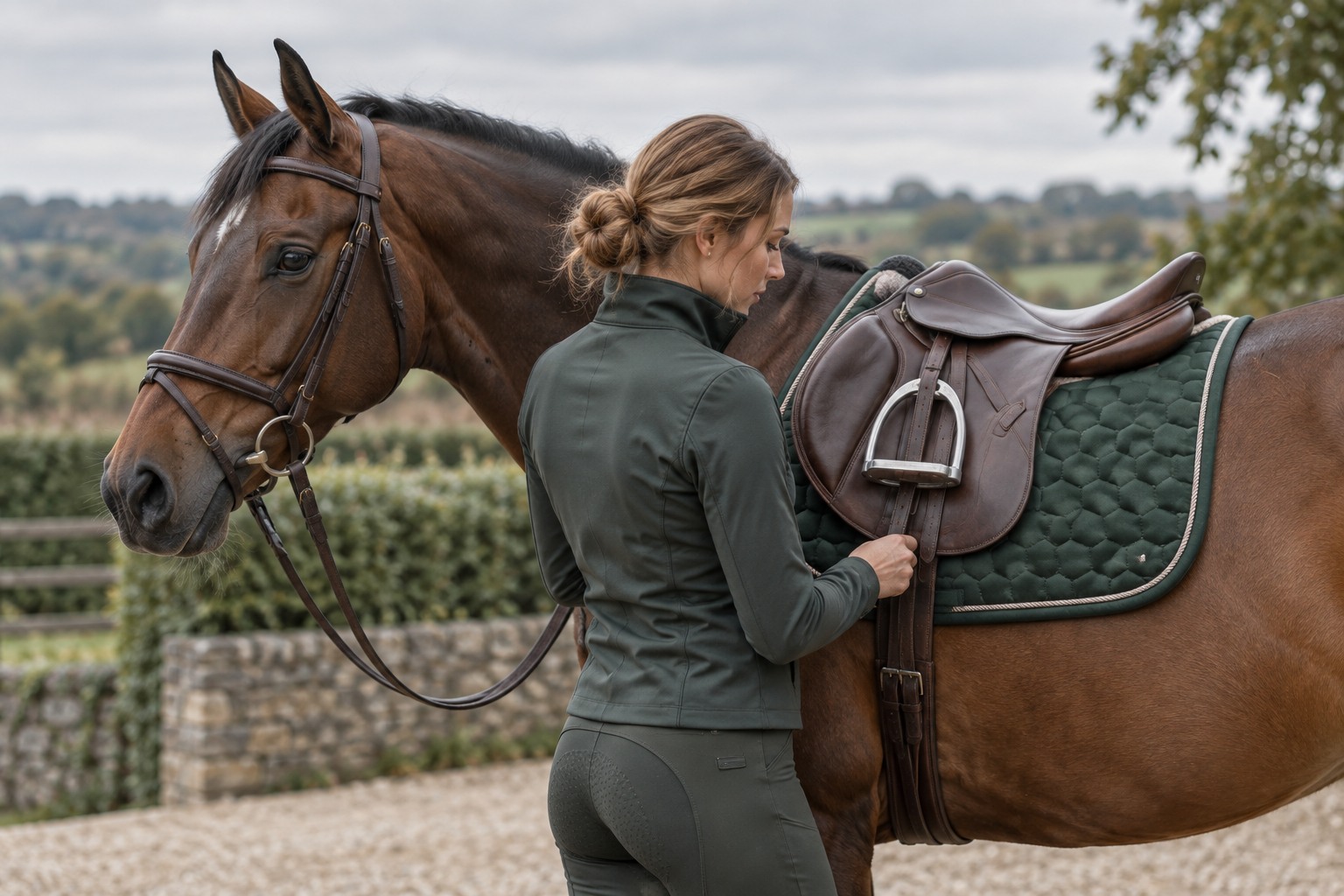 A dark green embroidered saddle pad correctly placed under a brown leather saddle on a bay horse.