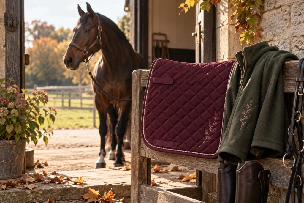 A burgundy saddle pad and dark olive riding fleece neatly arranged in an autumn stable doorway with a few fallen leaves.
