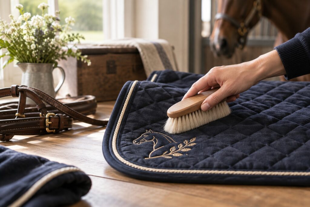 Close editorial detail of a soft brush lifting dust off stitched equestrian fabric on a clean wooden surface.