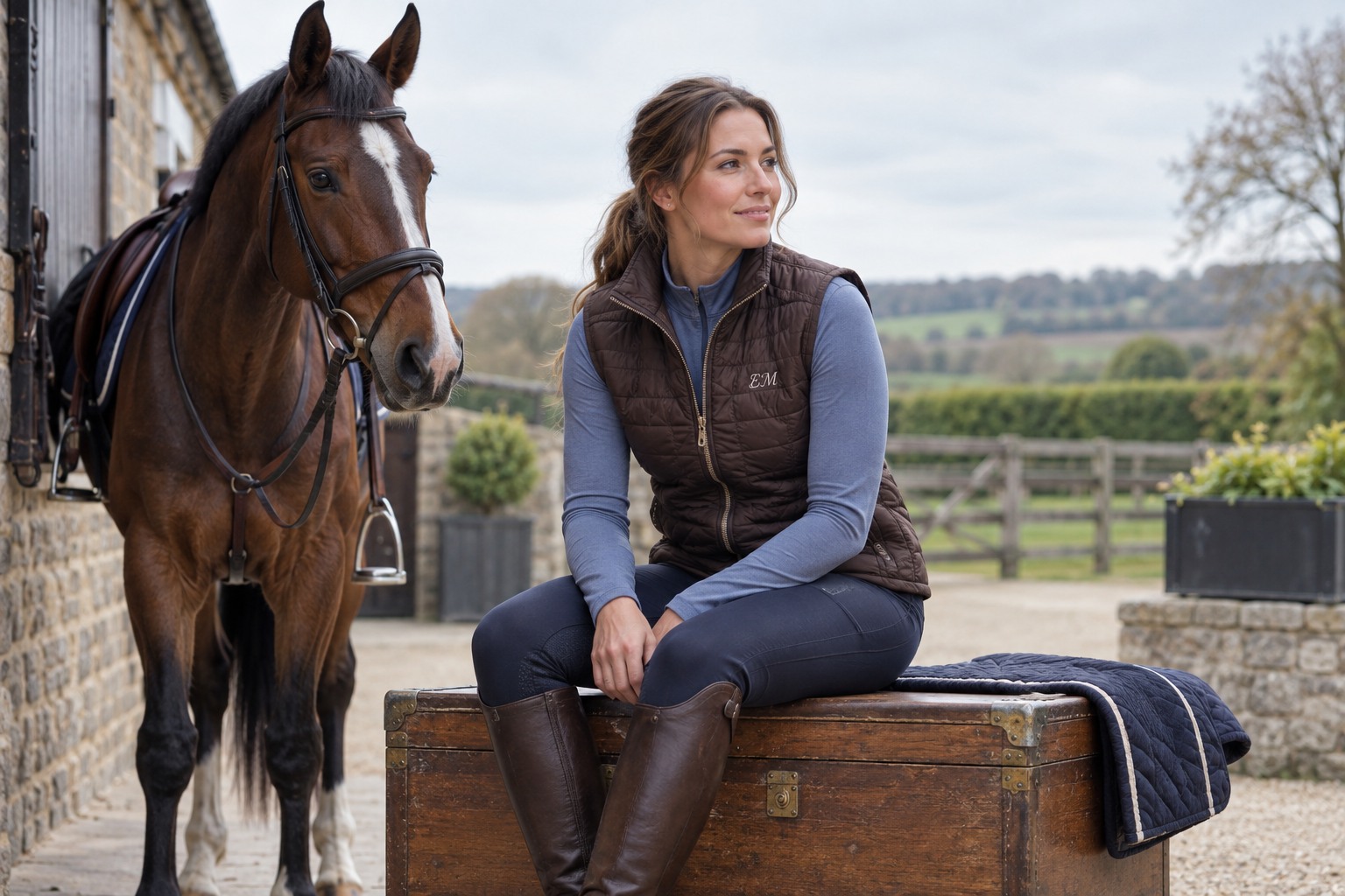 An adult rider in a dark brown quilted gilet and a soft blue base layer sitting casually on a solid wooden tack trunk.