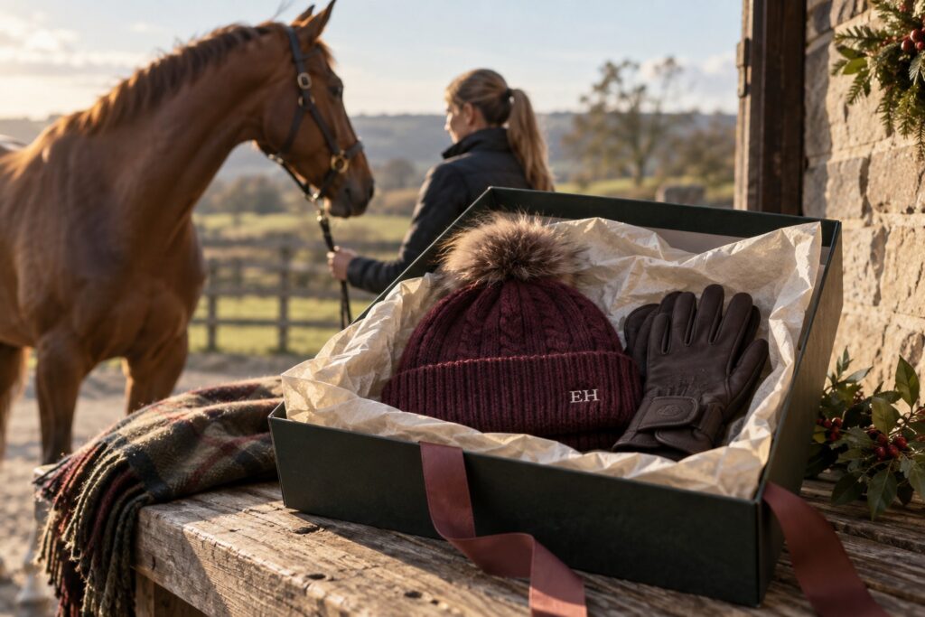 An open gift box holding a burgundy equestrian beanie with tiny embroidered initials.