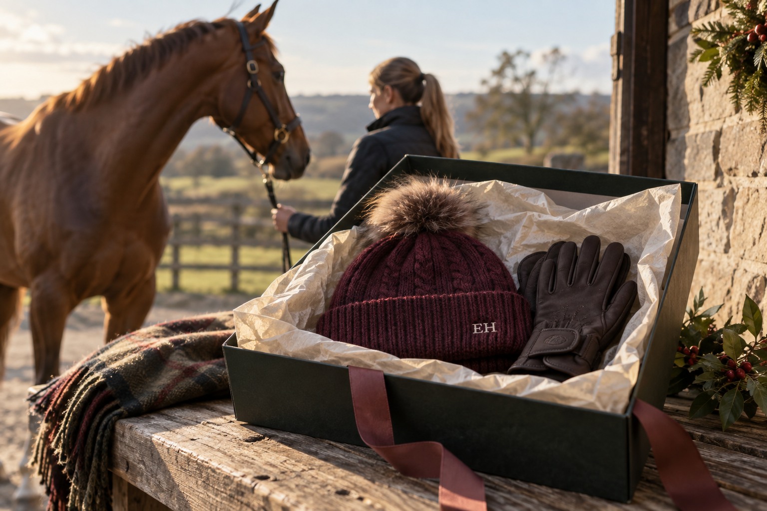 An open gift box holding a burgundy equestrian beanie with tiny embroidered initials.