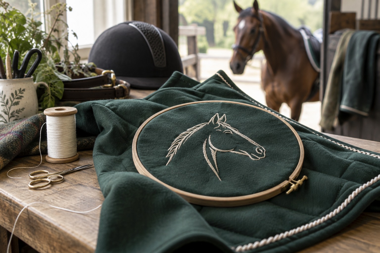 Close-up of clean cream satin stitches on matte forest-green riding fabric.