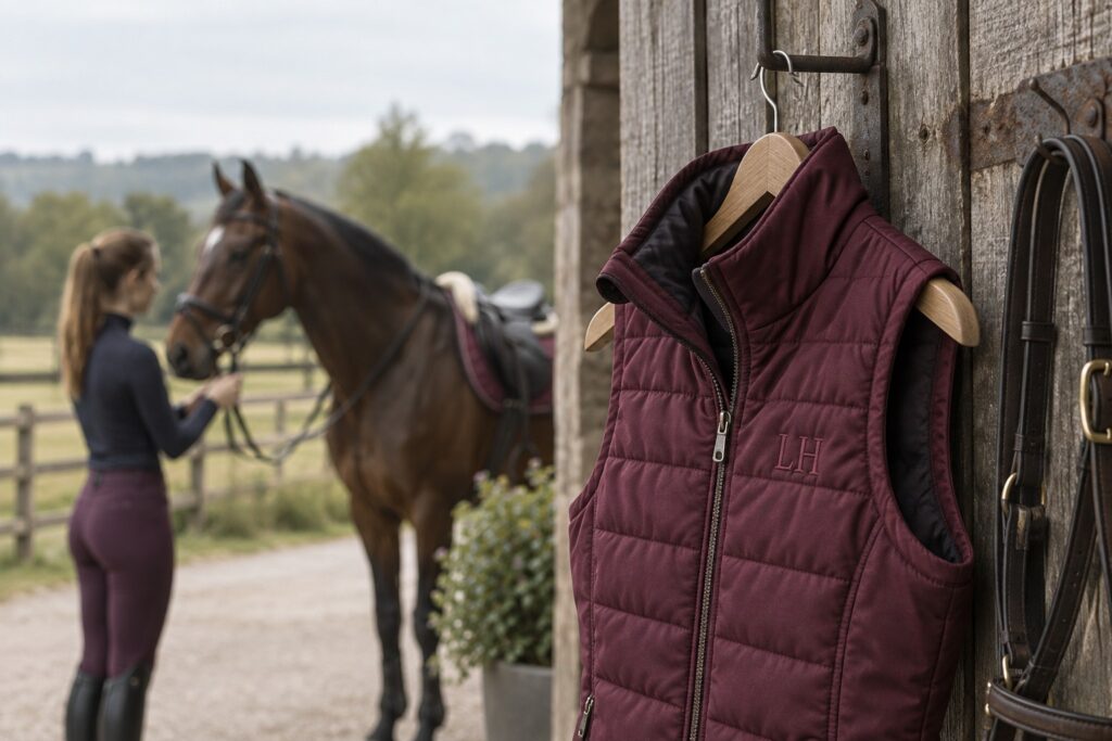 Close-up of tone-on-tone stitched initials on a burgundy riding gilet hanging against aged timber.