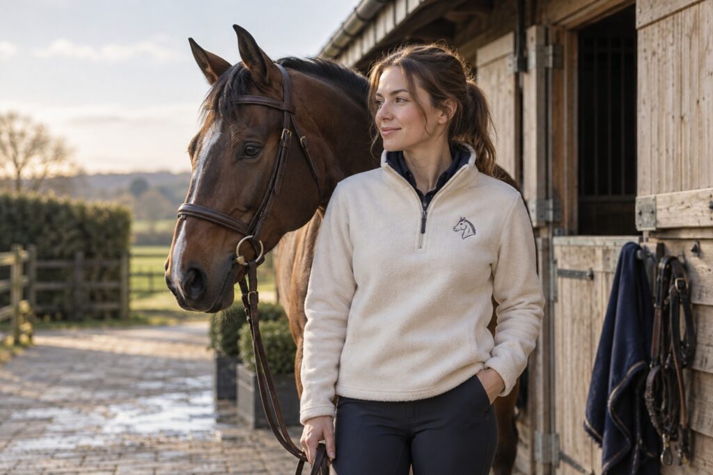 An adult equestrian wearing a soft cream fleece with understated navy chest embroidery beside a traditional timber stable.