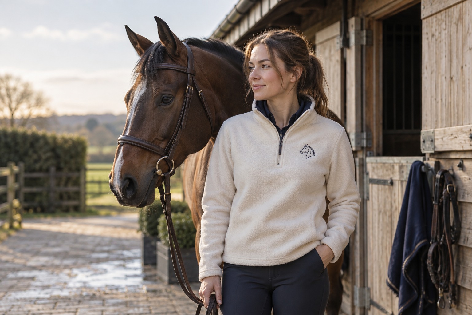 An adult equestrian wearing a soft cream fleece with understated navy chest embroidery beside a traditional timber stable.