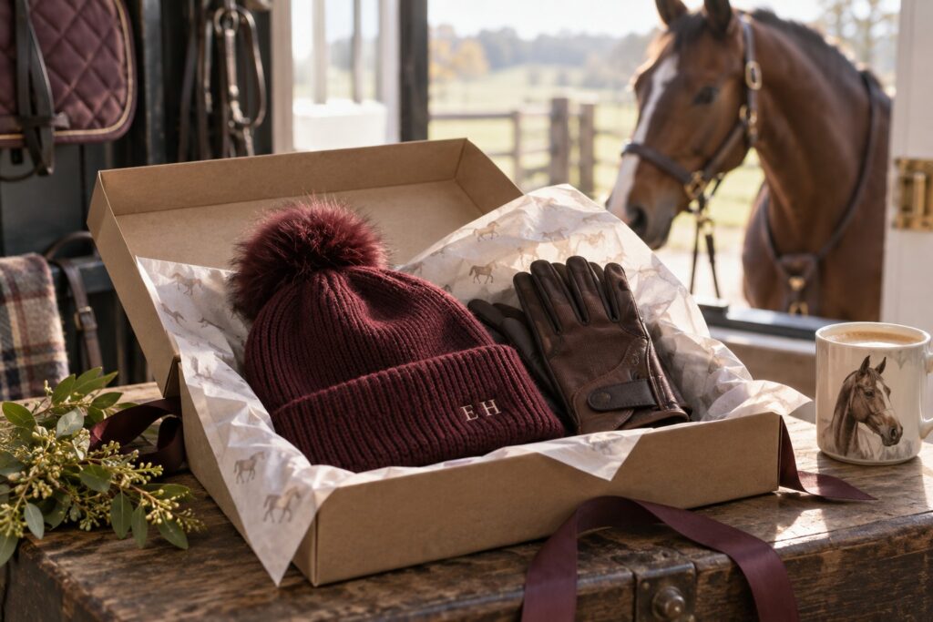 An open gift box holding a burgundy equestrian beanie with tiny embroidered initials.