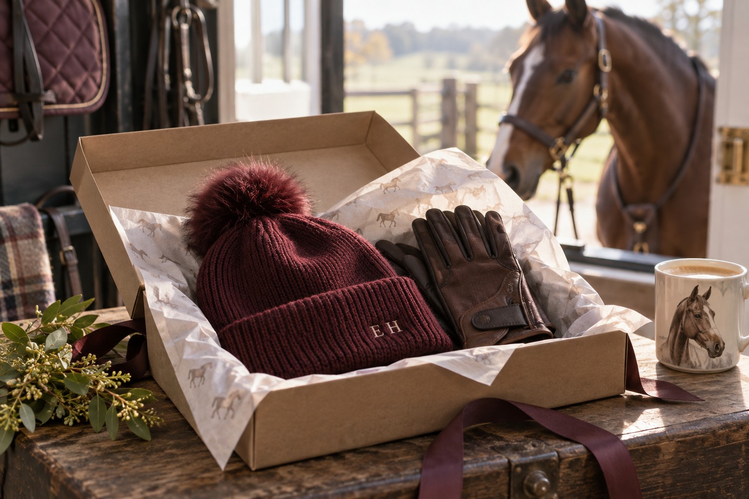 An open gift box holding a burgundy equestrian beanie with tiny embroidered initials.