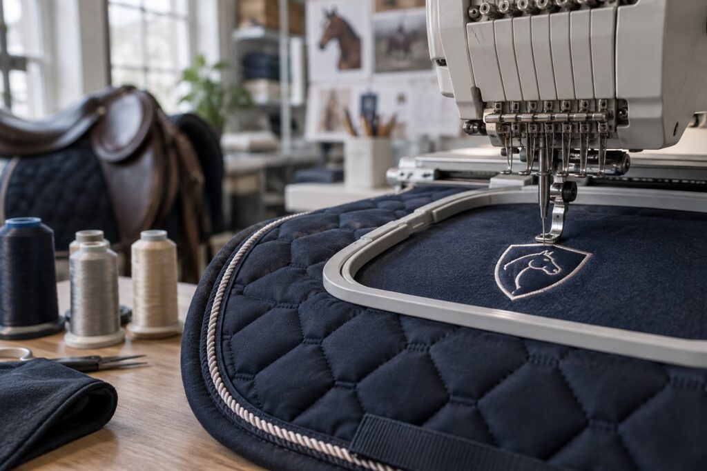 An embroidery machine needle and presser foot working a small geometric crest into navy fabric in a professional sewing workshop.