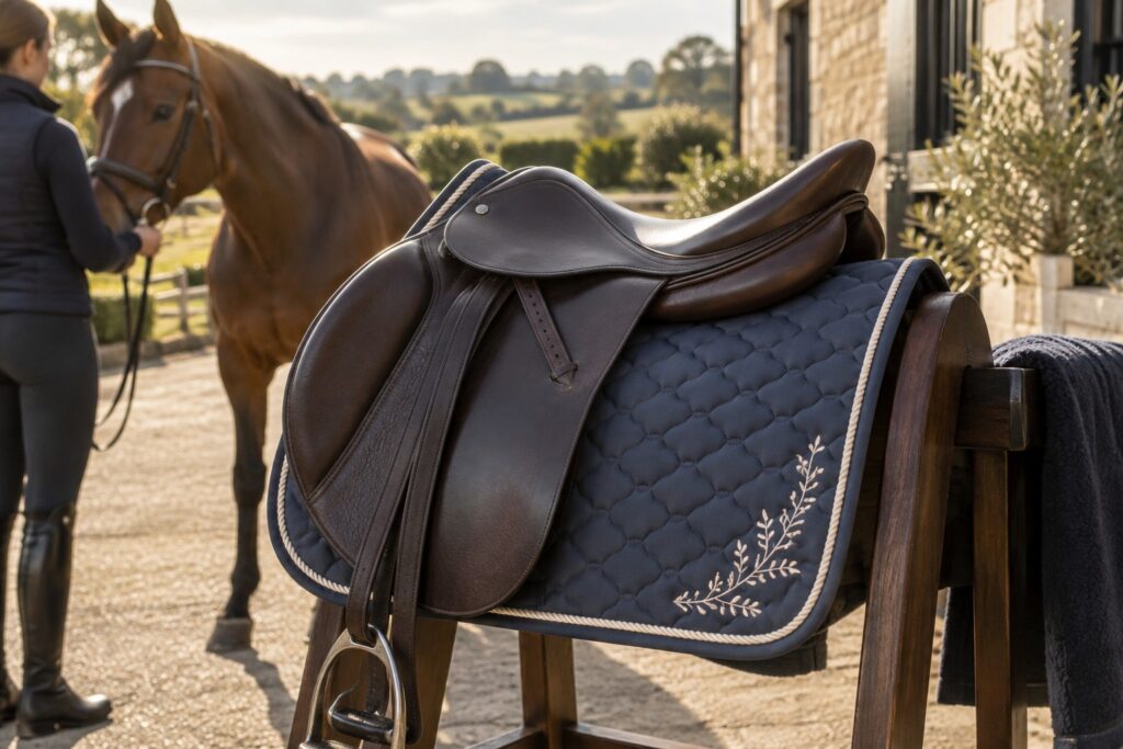 Detailed oblique photograph of the back corner of a quilted saddle pad beneath a correctly positioned leather saddle on a saddle stand.