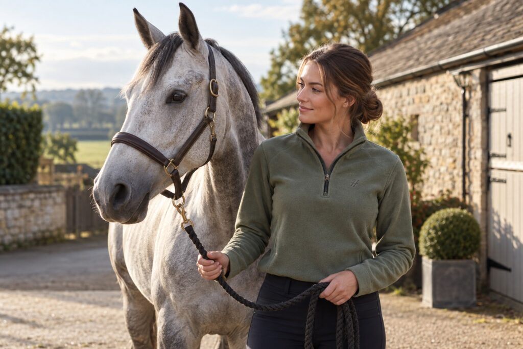 A female adult rider in a muted sage riding fleece with discreet chest monogram holding a correctly fitted halter lead beside a grey horse.