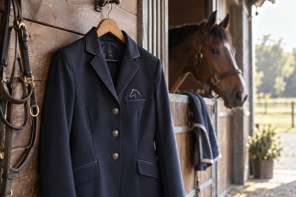 A riding jacket on a wooden hanger against a stable wall.