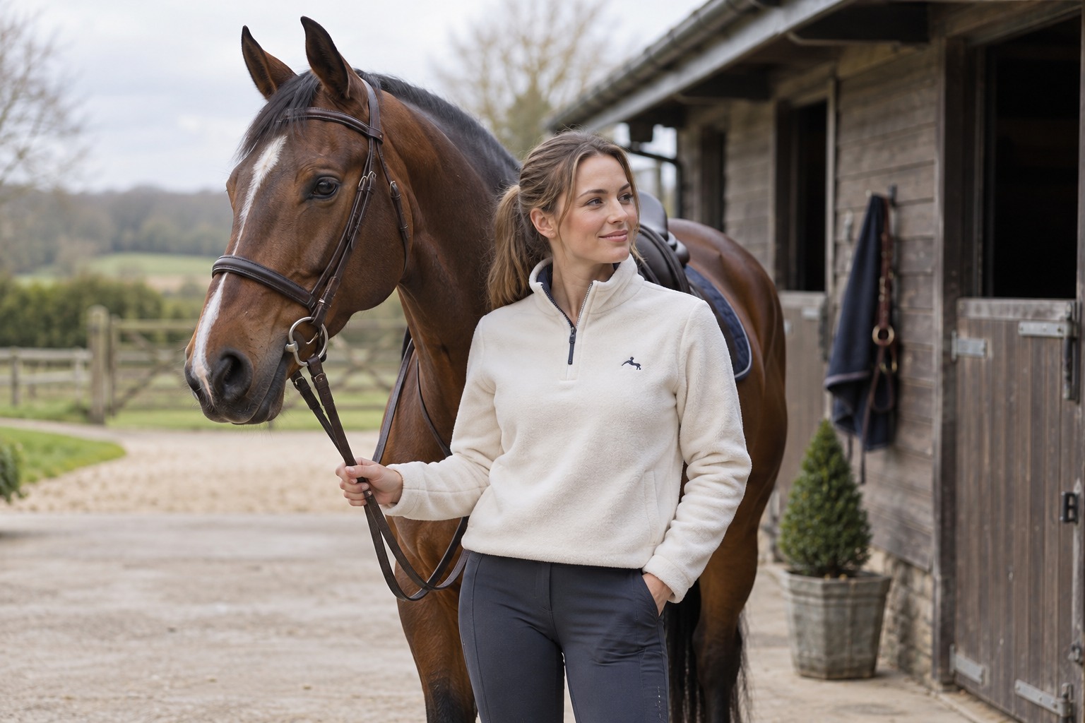 An adult equestrian wearing a soft cream fleece with understated navy chest embroidery beside a traditional timber stable.