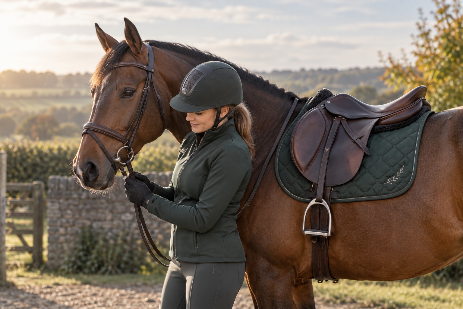 A dark green embroidered saddle pad correctly placed under a brown leather saddle on a bay horse.