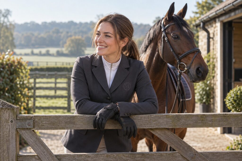 A female adult rider leaning on a paddock gate in a charcoal fitted riding jacket with small tonal stitched crest.