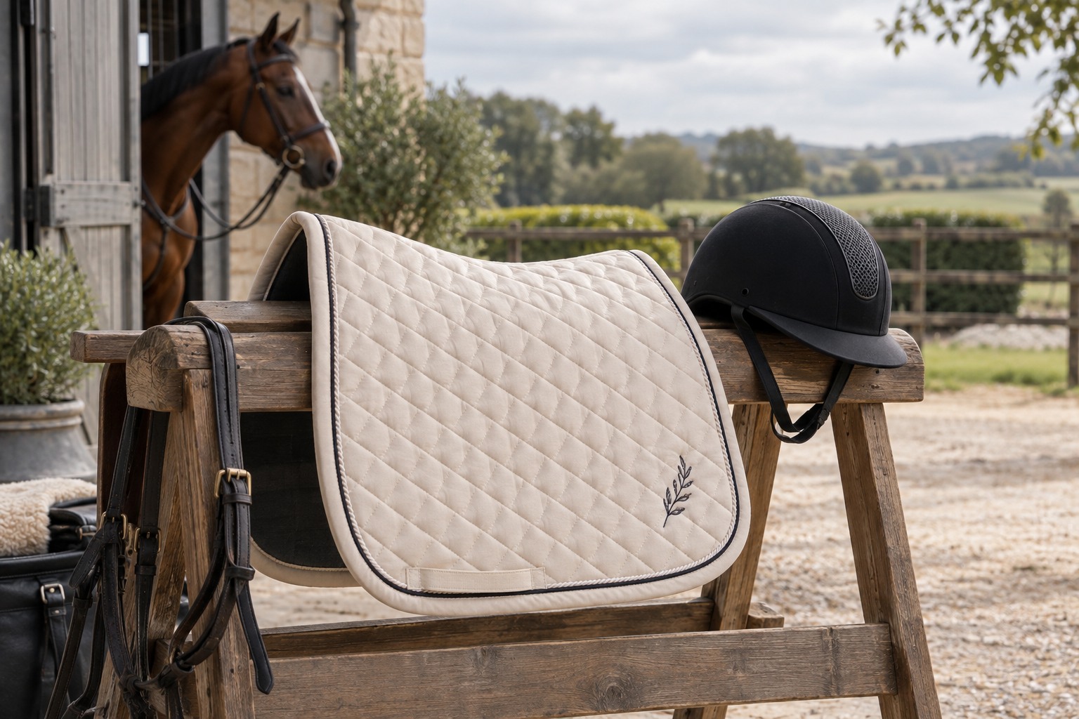 A cream saddle pad with understated dark embroidery laid over a wooden saddle rack beside a plain black riding helmet.