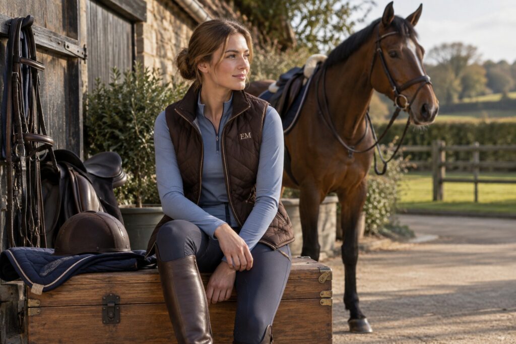 An adult rider in a dark brown quilted gilet and a soft blue base layer sitting casually on a solid wooden tack trunk.
