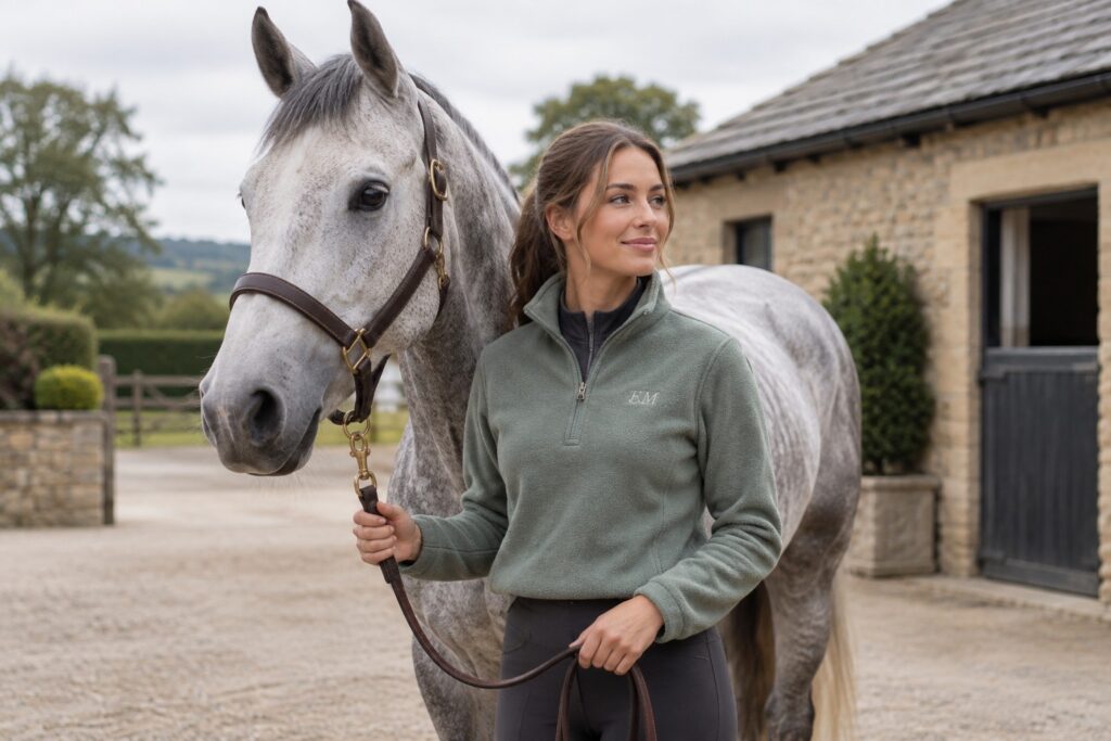 A female adult rider in a muted sage riding fleece with discreet chest monogram holding a correctly fitted halter lead beside a grey horse.
