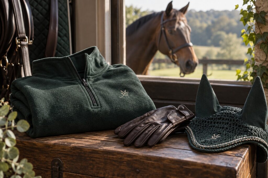 A forest-green fleece folded neatly beside dark leather gloves and a simple embroidered ear bonnet.